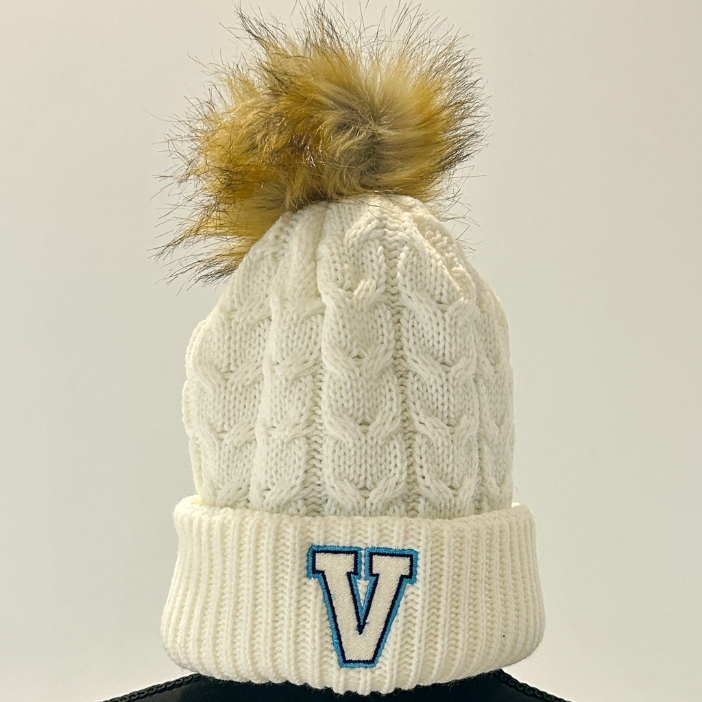 Five1Four White Knit Beanie with Faux fur pom